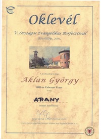 Evangélikus Borfesztivál 2011: Cabernet Franc 2009 - arany érem