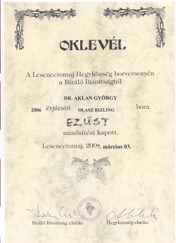 Lesence Hagyközség Borverseny 2007, Aklan-pince Olaszrizling